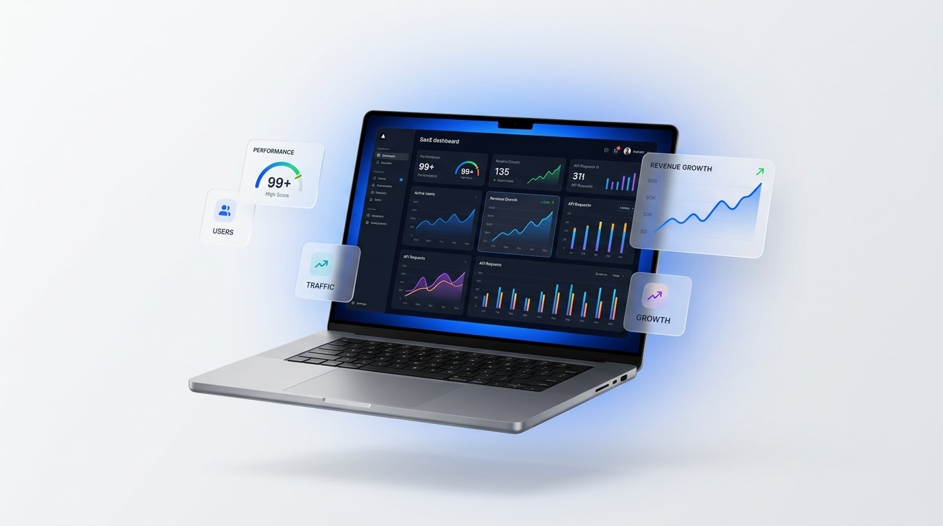 Vyrinth — premium SaaS dashboard floating MacBook showcase